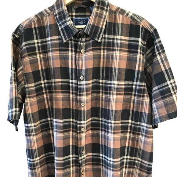 Izod Linen Blend Men's Shirt: Short-Sleeved Button-Down Brown Plaid, Size L - Picture 5 of 10